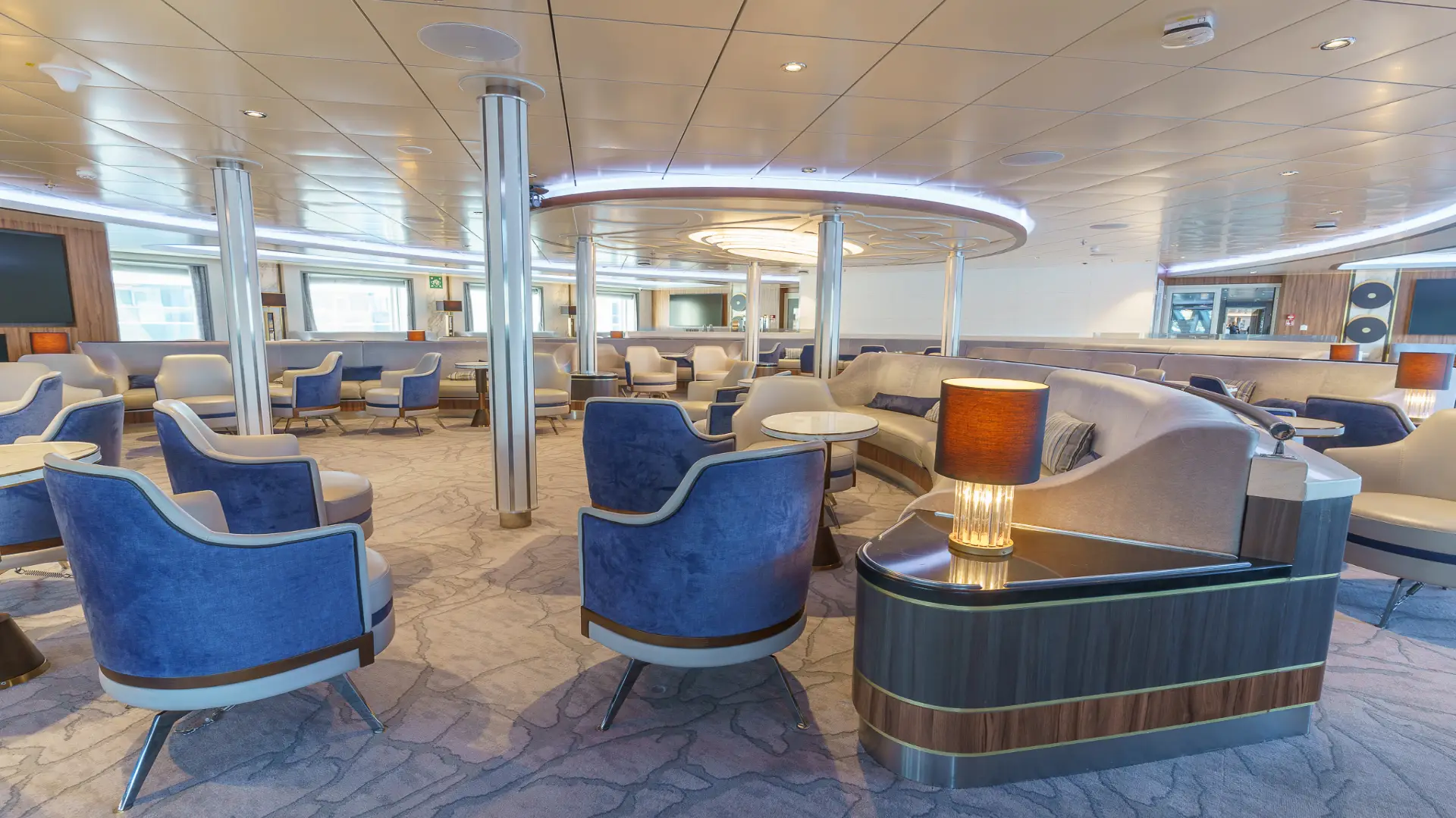 The lounge on board an expedition ship