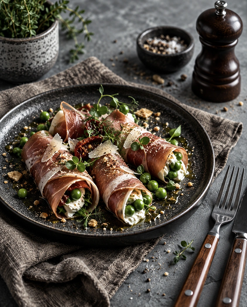 A plated dish of stuffed chicken rolls with peas
