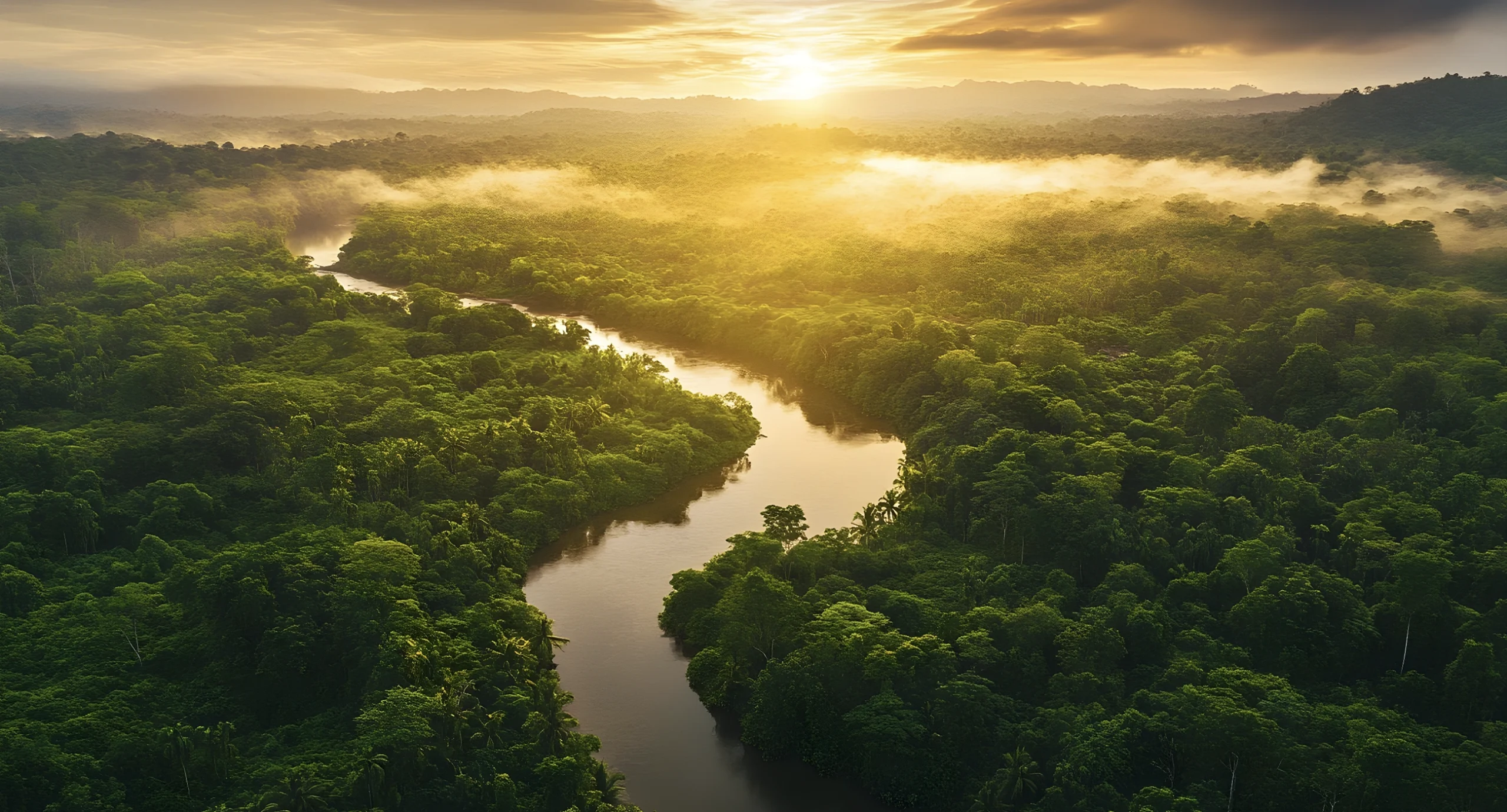 A river winding through rainforest at sunrise